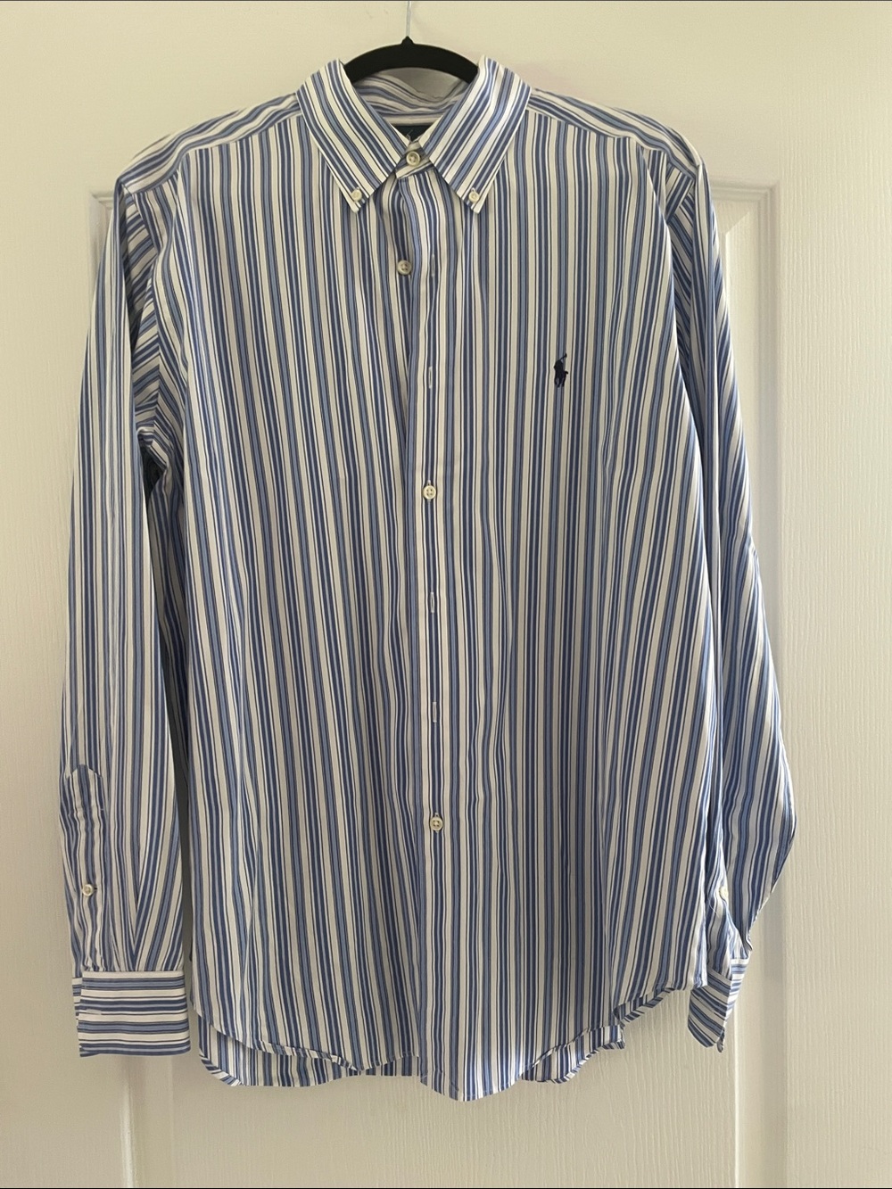 Polo by Ralph Lauren Men's Blue and White Vertical Stripe Dress Shirt